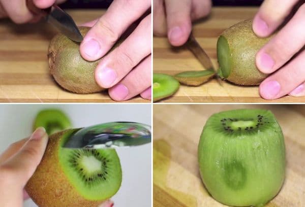 Peeling a kiwi with a spoon