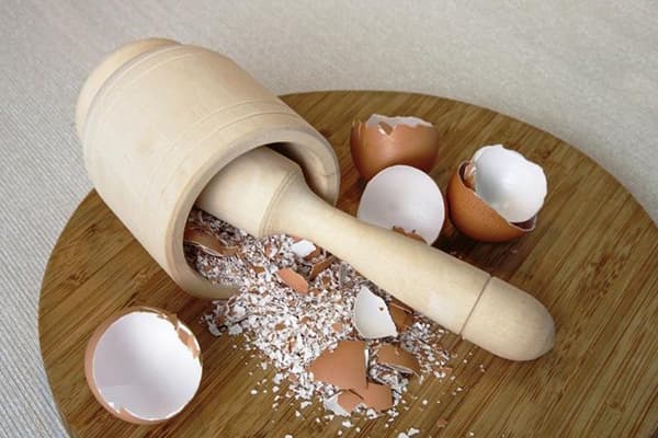 Moler cáscaras de huevo en un mortero.