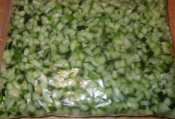 Diced cucumbers for freezing in a bag