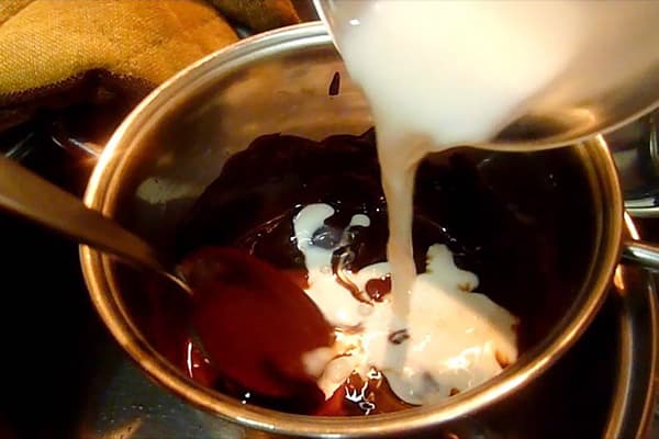 Making chocolate icing for the cake