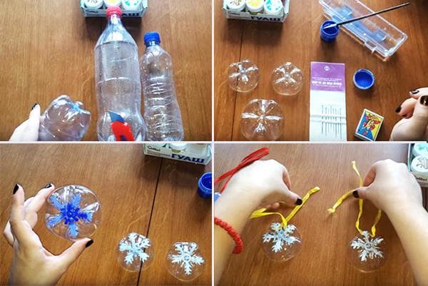 Hacer un juguete para árbol de Navidad con un copo de nieve a partir de una botella de plástico.
