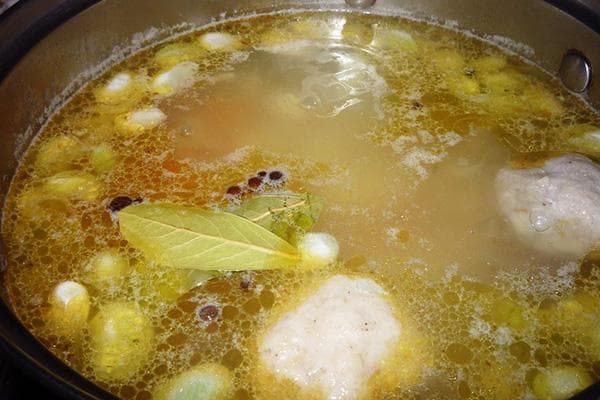 Bay leaf in a saucepan with soup