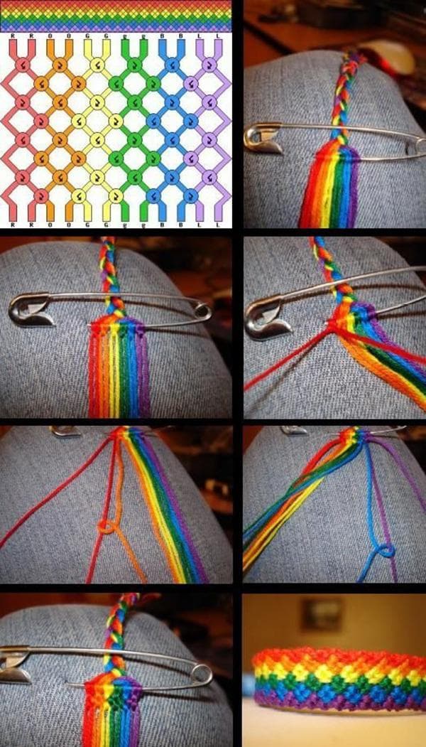 Tejiendo una pulsera de arcoíris con hilos.