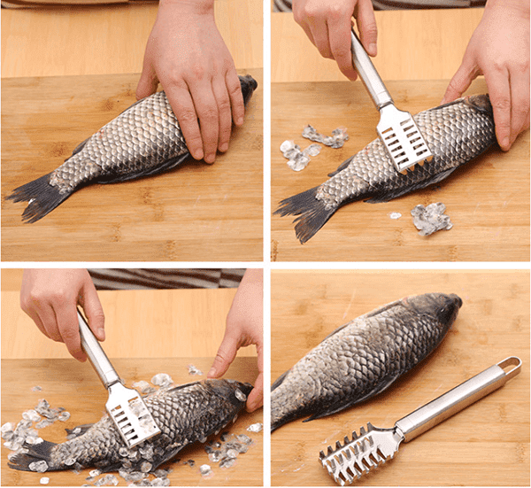 Limpiar pescado con un raspador especial.