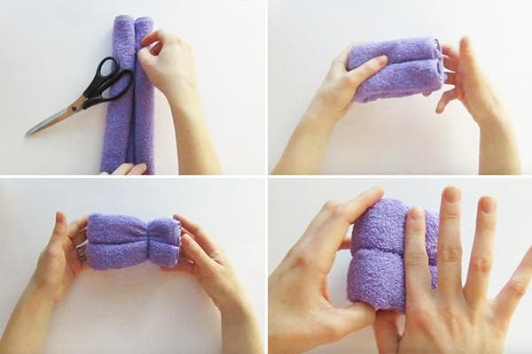 Formando una figura de cachorro con una toalla.