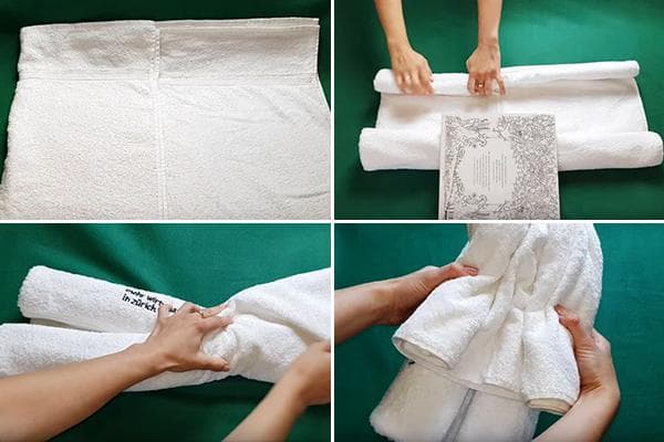 Doblar la base para una figura de osito de peluche con una toalla.