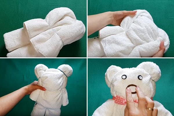 Doblar una figura de oso con una toalla.