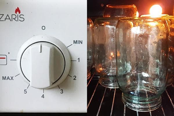 Regulador de temperatura y tarros en el horno.