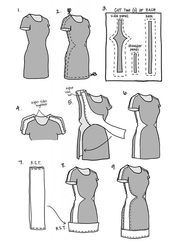 Esquema para aumentar el tamaño del vestido gracias a las inserciones con figuras en los laterales.