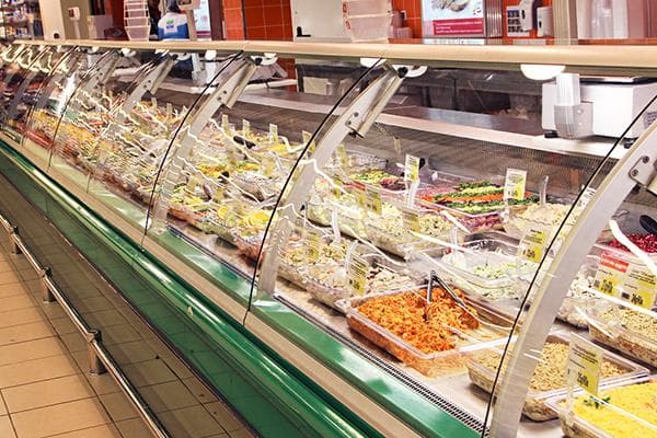 Salads in the culinary department of a hypermarket