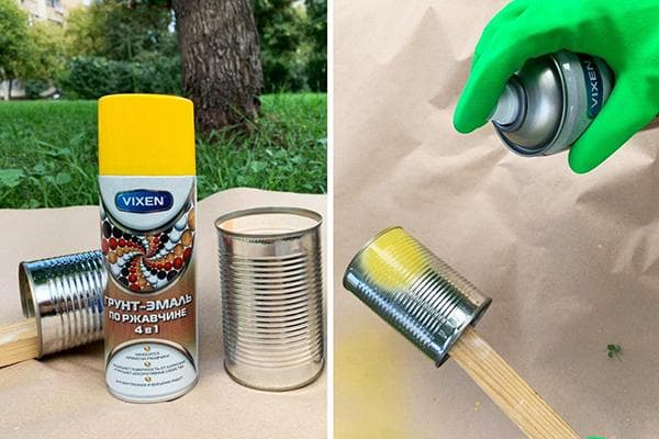 Pintar una lata con pintura en aerosol amarilla.