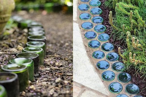 Bordes de jardín hechos con frascos y botellas de vidrio.