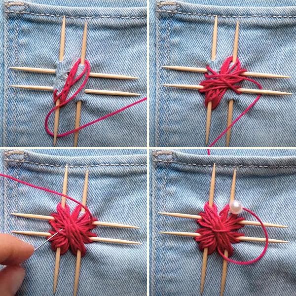 Zurcir jeans con palillos en forma de flor.