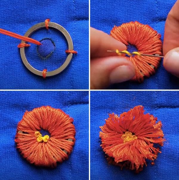 Crear una flor a partir de hilos usando un anillo de llavero.