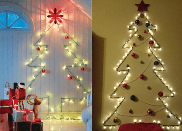 Contorno de un árbol de Navidad en una pared de guirnaldas.