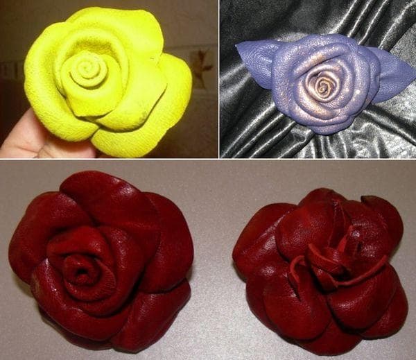 Flores de cuero pintadas en diferentes colores.