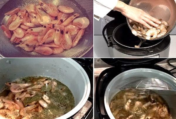 Cocinar camarones en una olla de cocción lenta.