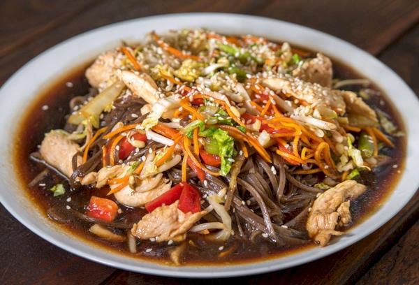 Chicken in Asian sauce with buckwheat soba noodles